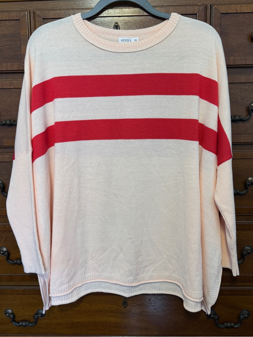 MERSEA Pink Red Stripe Oversized Sweater OS Coastal Preppy Nautical Quiet Luxury